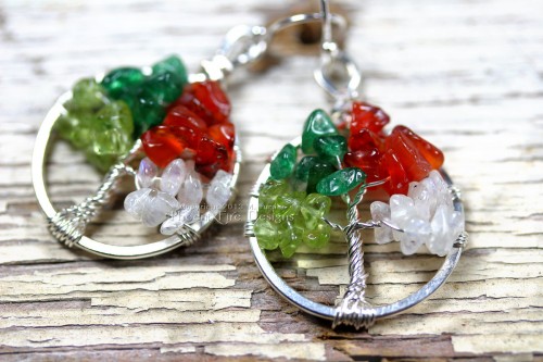 Miniature Four Season Tree of Life pendant earrings features peridot, green aventurine, red carnelian and rainbow moonstone and hang on .925 sterling silver ear wire hooks. Handmade artisan original wire wrapped jewelry by Miss M. Turner of PhoenixFire Designs
