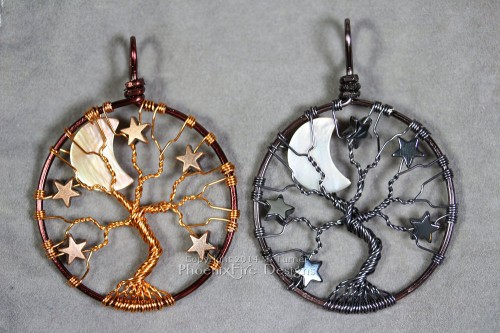 Steampunk inspired brown and copper tree of life pendant with crescent moon and stars and gunmetal tree of life with crescent moon and hematite stars.