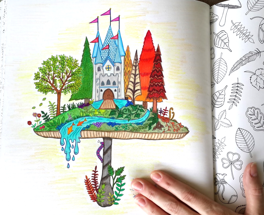 Completed colored page of castle on a mushroom from the Enchanted Forest Coloring Book