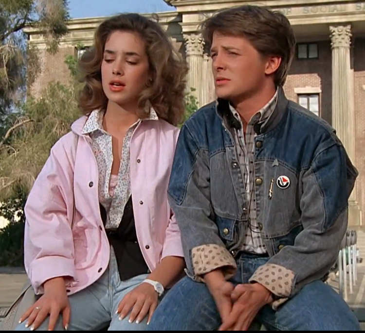 Marty McFly's 1985 two tone denim jacket screenshot for costume reference from Back to the Future.