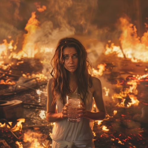A white woman with brown hair holds a single glass of water. Around her, fire blazes uncontrolled.